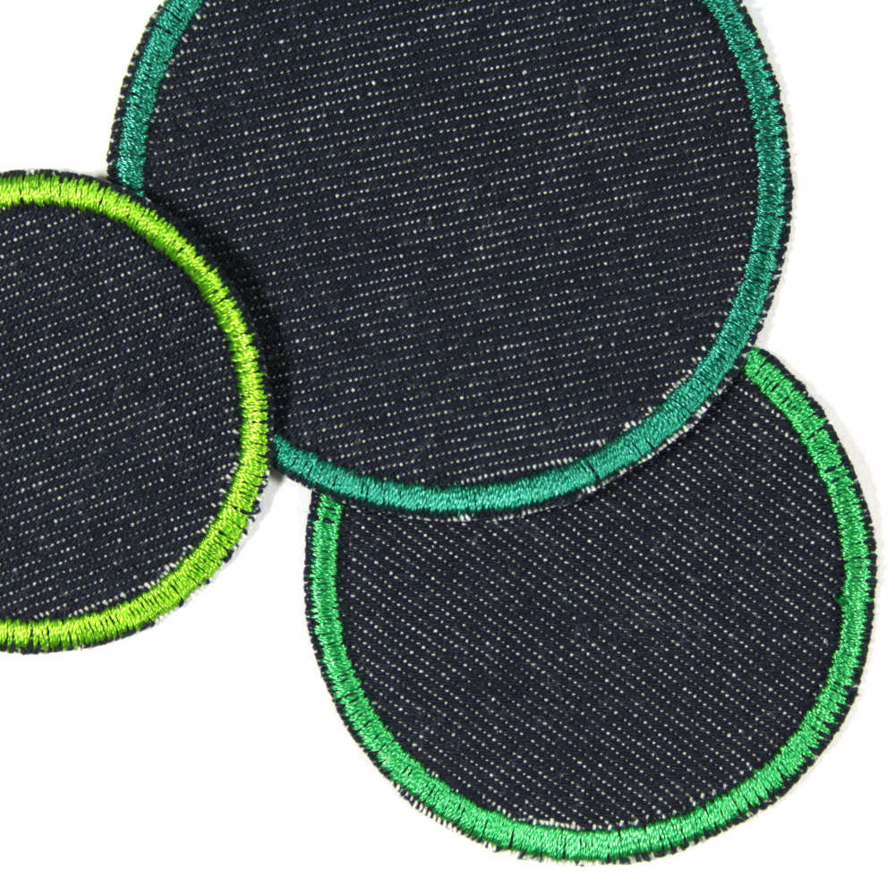 3 Kreise Bügelflicken Jeansflicken blau Hosenflicken Rand grün