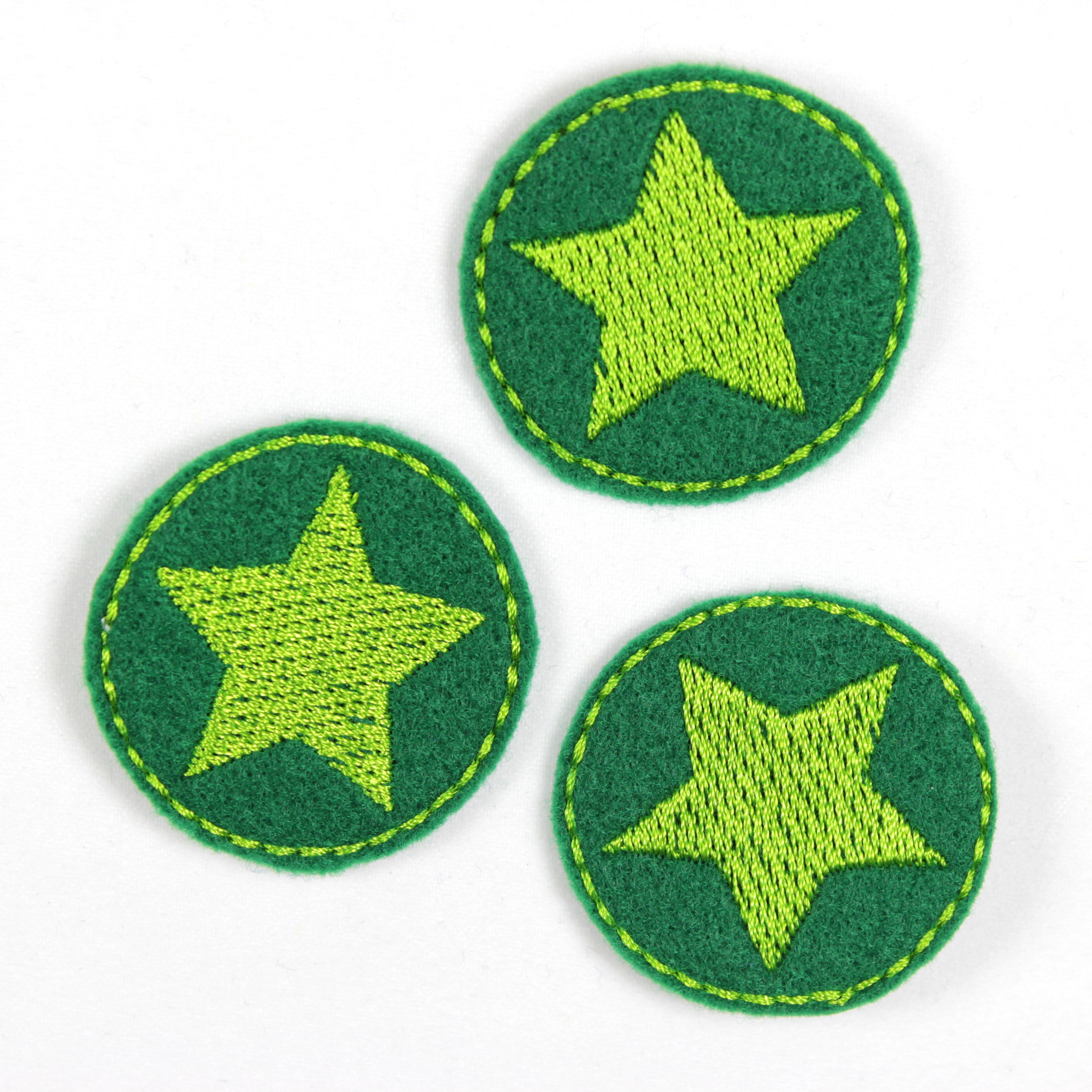 3 grüne Flicken zum aufbügeln klein Bügelbilder rund 3,5cm Aufbügler mit Stern hellgrün