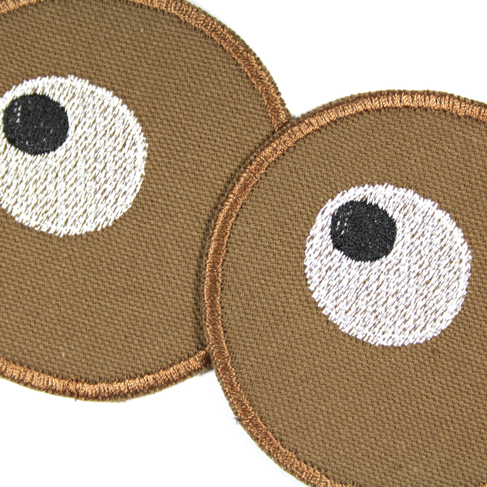 Flicken Set Augen gestickt auf brauner Bio Baumwolle - 2 runde Knieflicken Aufbügler Hosenflicken
