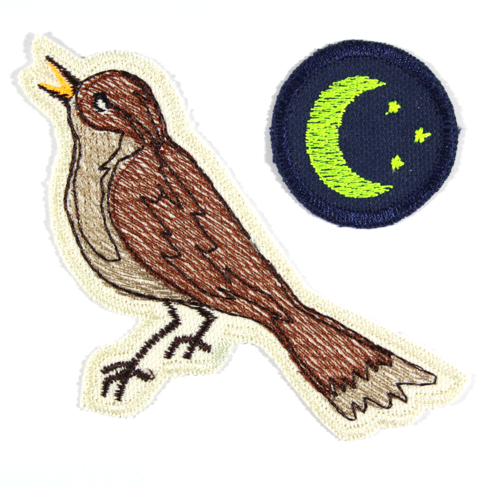 Iron-on images bird nightingale and moon with stars set with two patches as an accessory