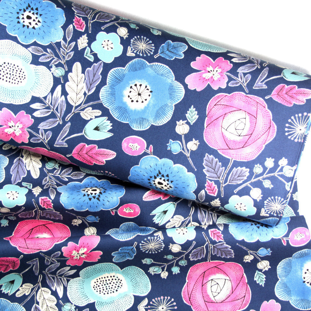 cosmo Stoffe Japan Blumen Canvas hellblau pink Baumwollstoff blau