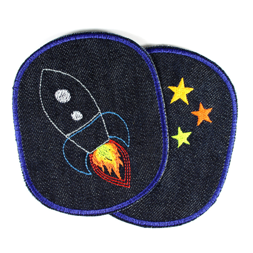 Flicken Rakete Sterne Set Hosenflicken Knieflicken Space Flicken Orbit Aufbügler Weltraum Bügelflicken Weltall Jeans Aufbügler