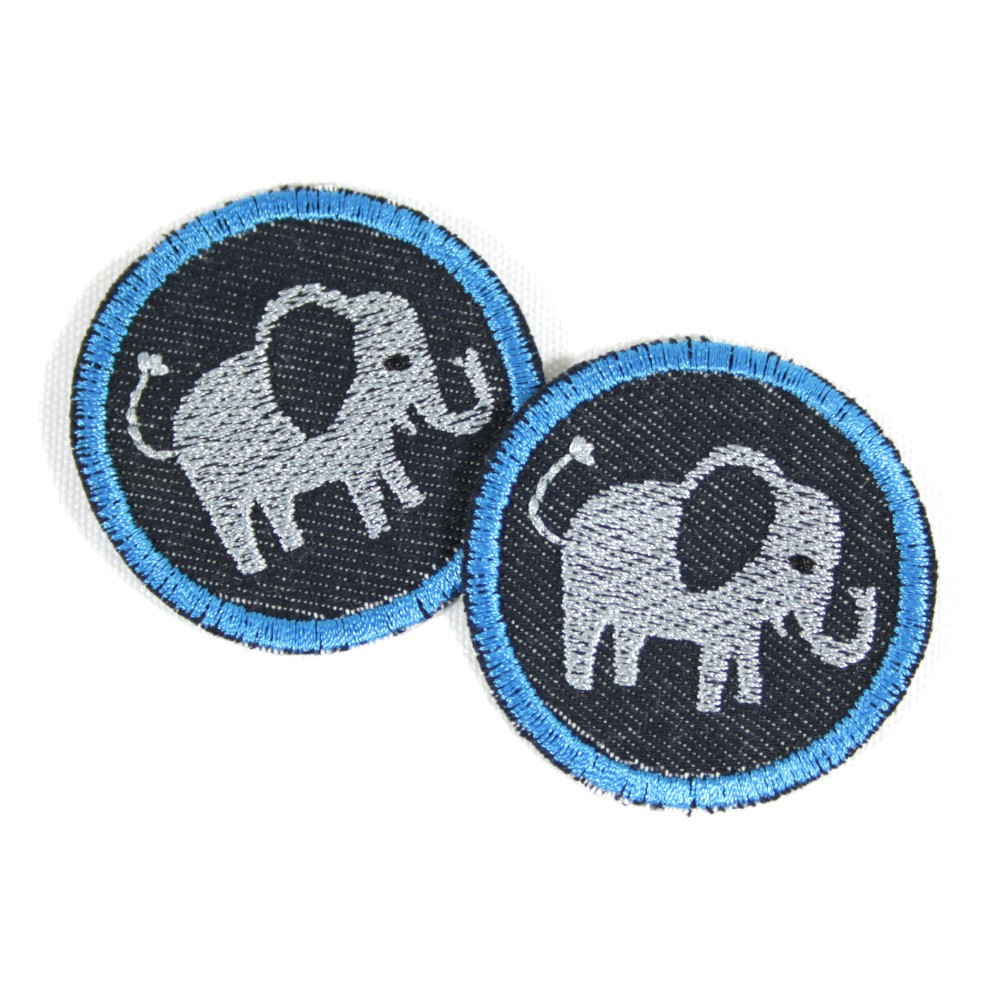 Hosenflicken Elefant Aufbügler Set Knieflicken mini Bügelflicken Jeans für Kinder rund 2 Elefanten Applikation Bügelbilder
