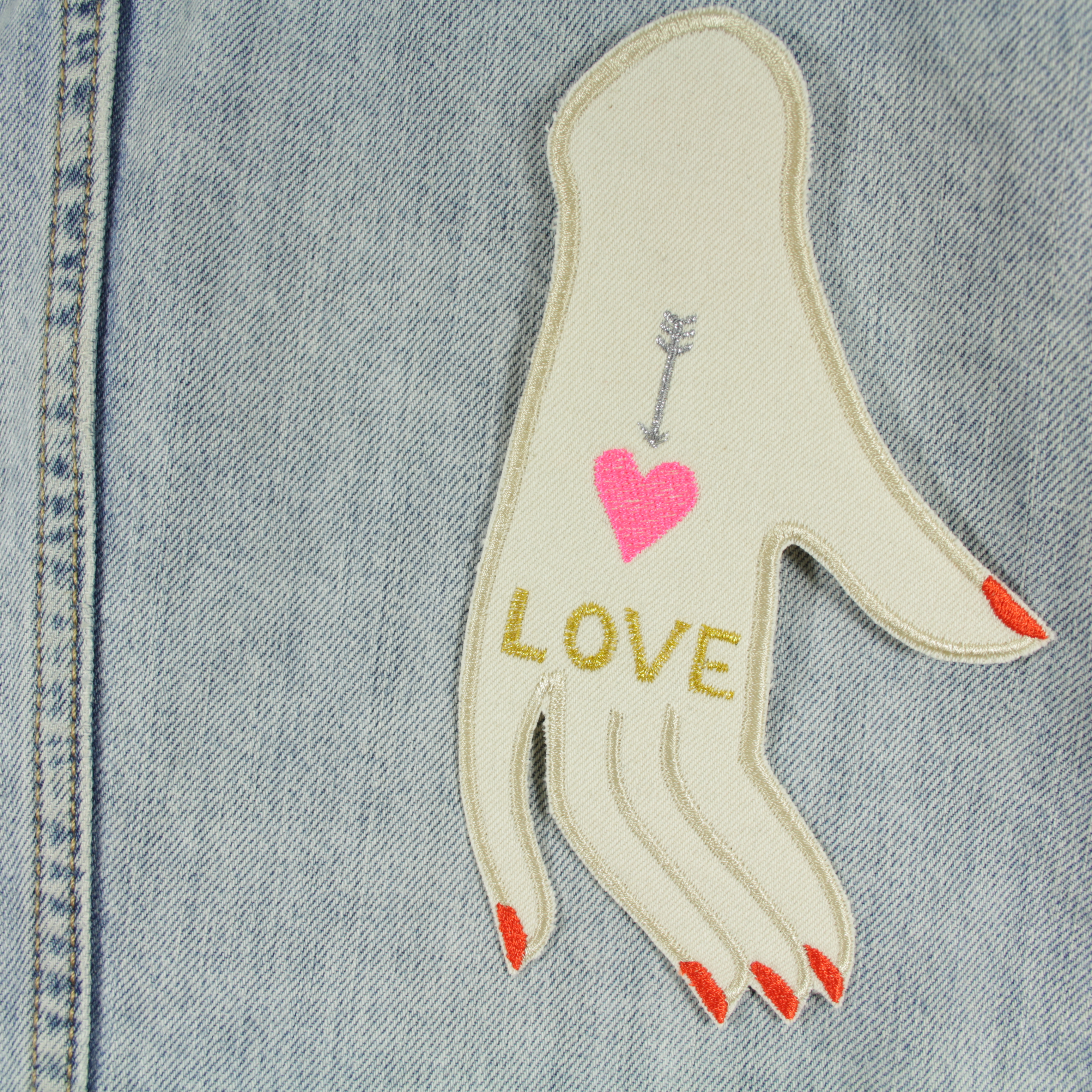Patch hand "LOVE" large iron-on image gold embroidered on organic canvas for adults