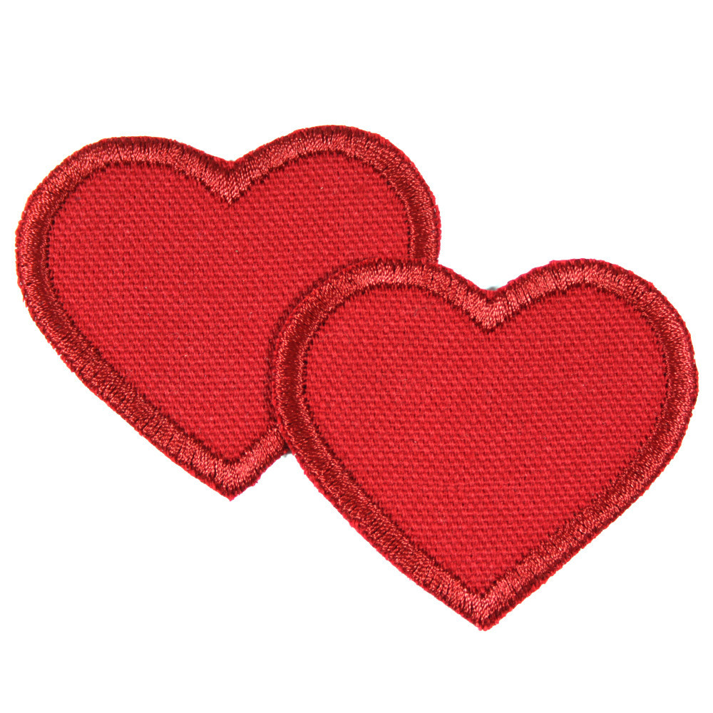 2 kleine Bügelflicken Herzen in rot aus Bio Canvas mit gesticktem roten Rand