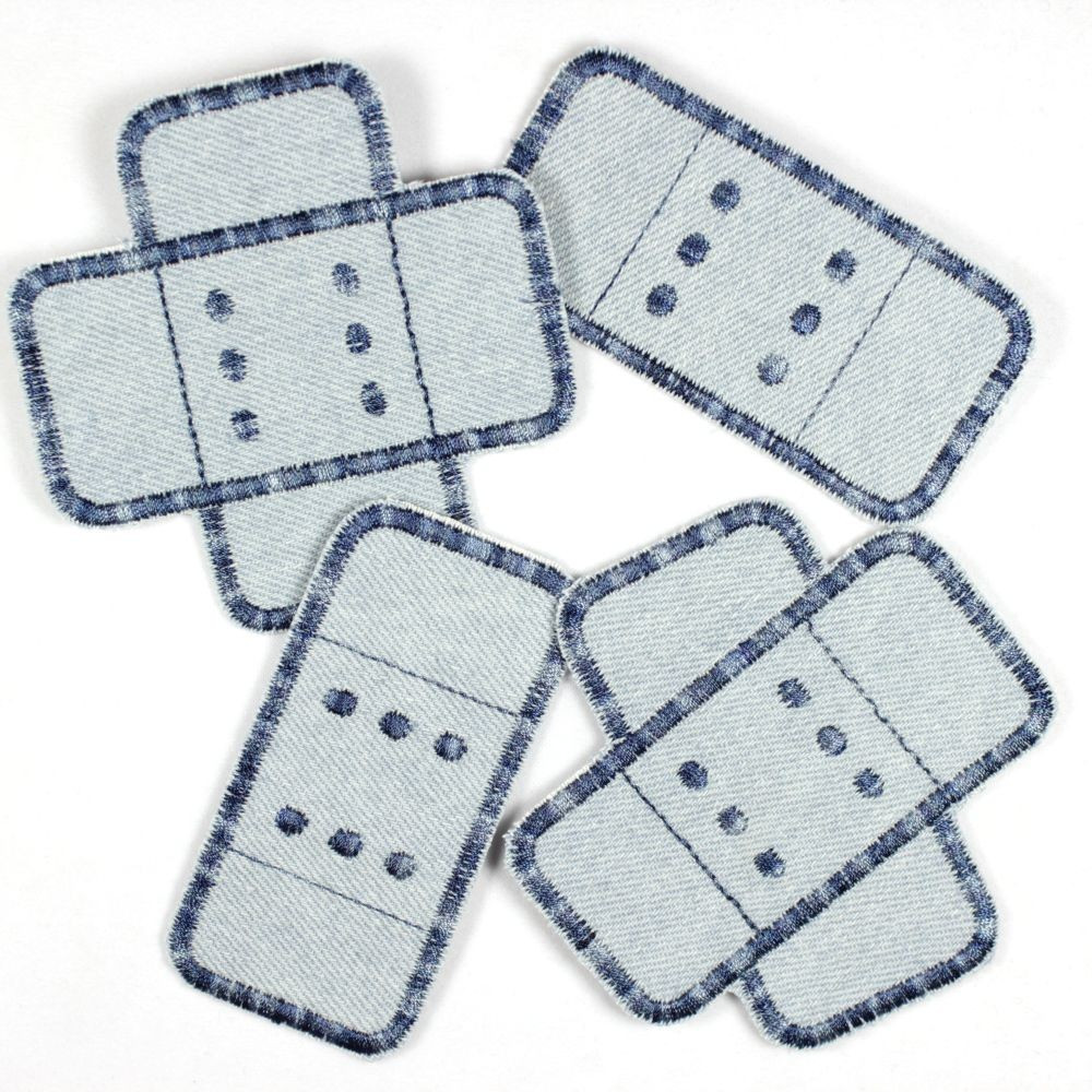 Flickli Pflaster Bügelflicken hellblau Jeans in multicolor blau bestickt, Set 4 Stück