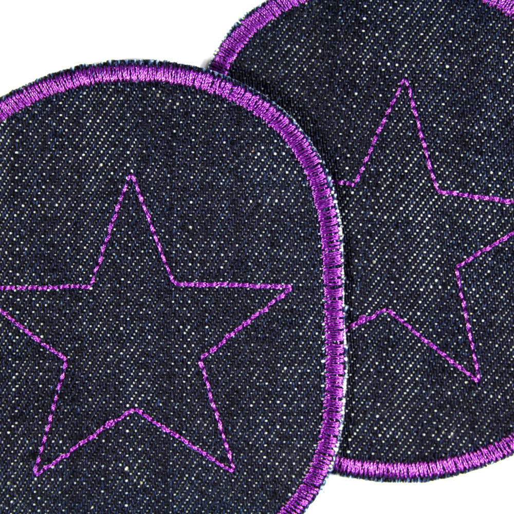 Hosenflicken für Mädchen lila Flicken mit Stern Knieflicken Set 2 Aufbügler Sterne violet auf Bio Jeans gestickt zum Aufbügeln