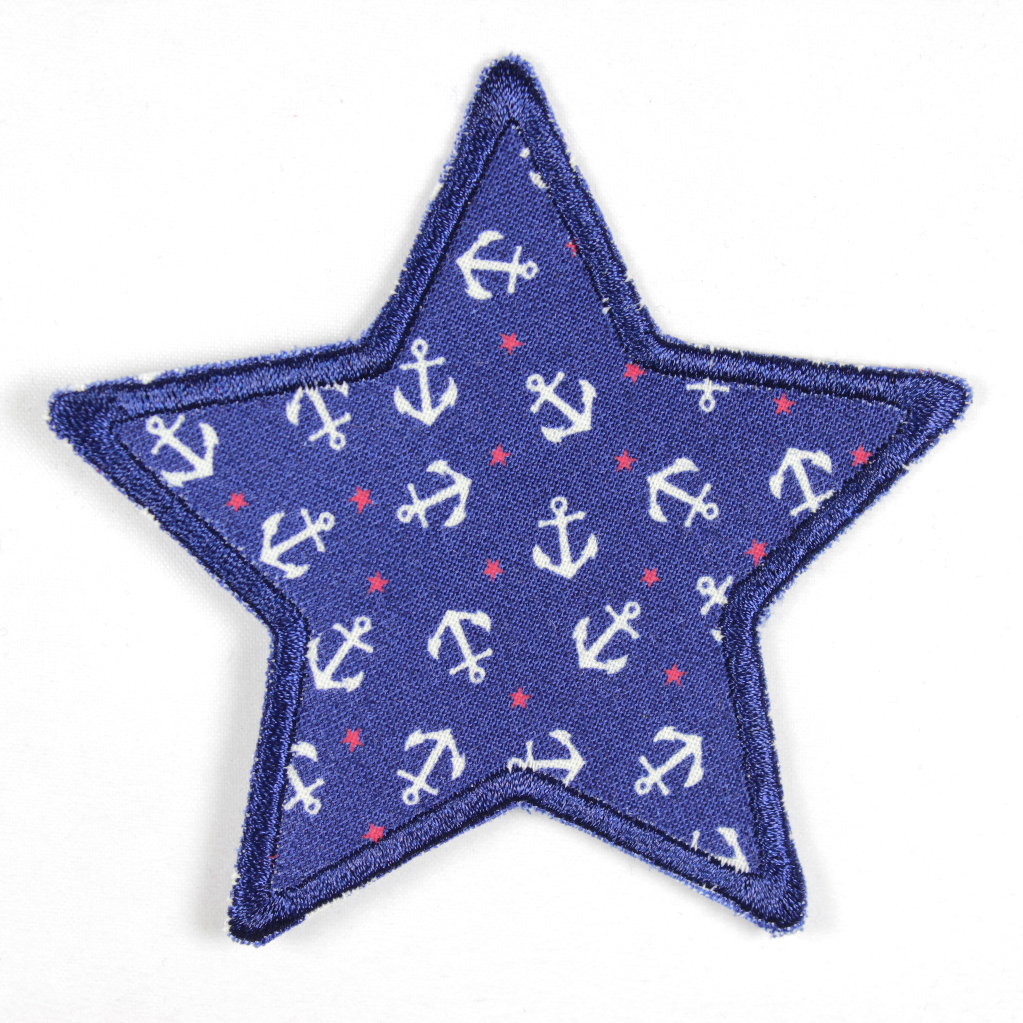 Bügelflicken blauer Stern mit weißen Ankern und kleinen roten Sternen, ideal als Knieflicken