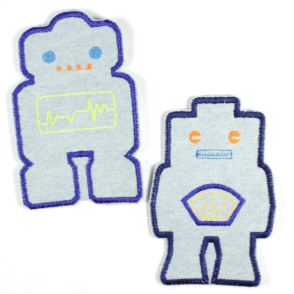 2 hellblaue Aufnäher zum aufbügeln Roboter Hosenflicken für Kinder