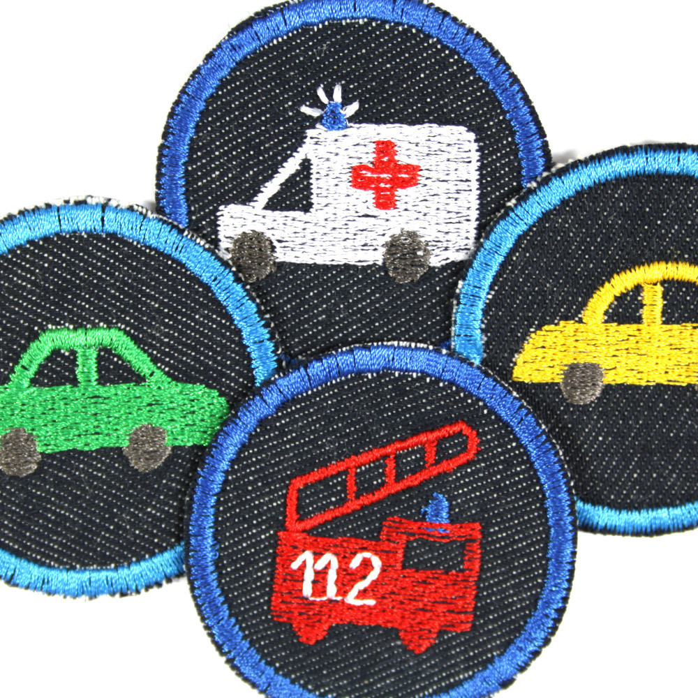 Iron-on patches cars Set 4 knee Patches small iron-on repair-patches fire engine ambulance organic denim Patches Trouser patch