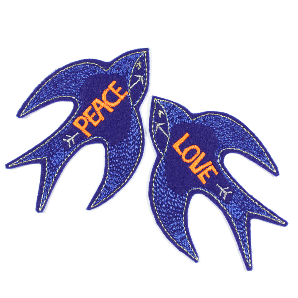 Patches swallows "PEACE" and "LOVE" iron-on images in blue and neon orange for adults