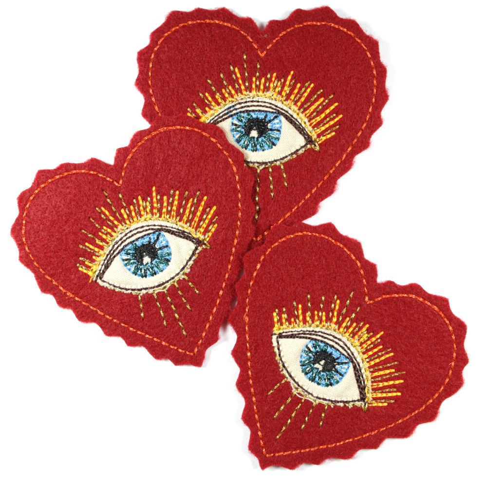 Herz mit Auge glitzer Bügelbild metallic Accessoire Patch Bügelflicken edel für Erwachsene