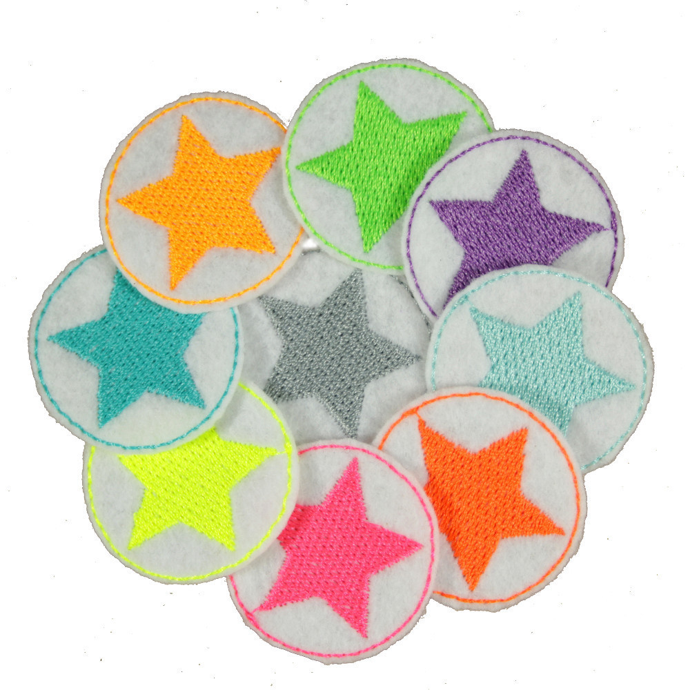 Flicken Stern Set 9 mini Bügelflicken Neon Sternchen Aufbügler bunte kleine Patches Hosenflicken auf weiß