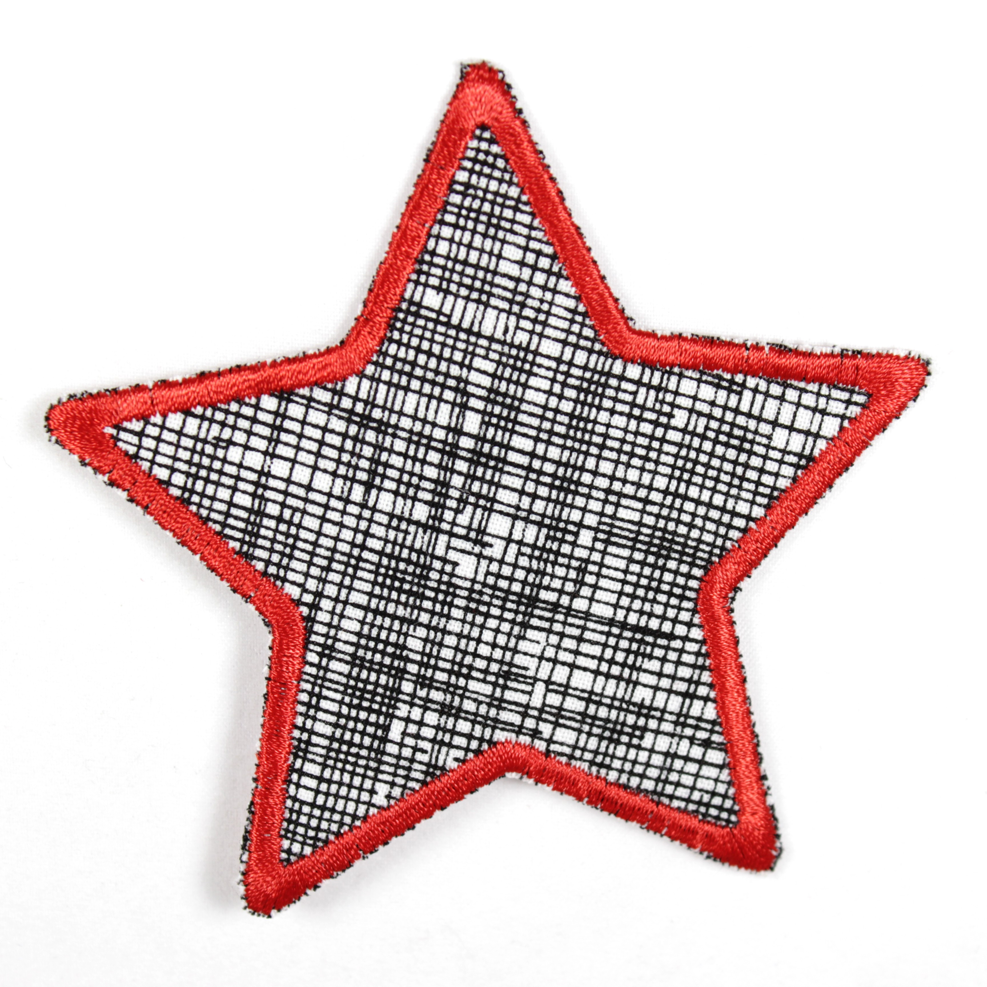 Bügelflicken Stern mit schwarzem Gitter auf weiß und gesticktem Rand in rot, geeignet als Knieflicken