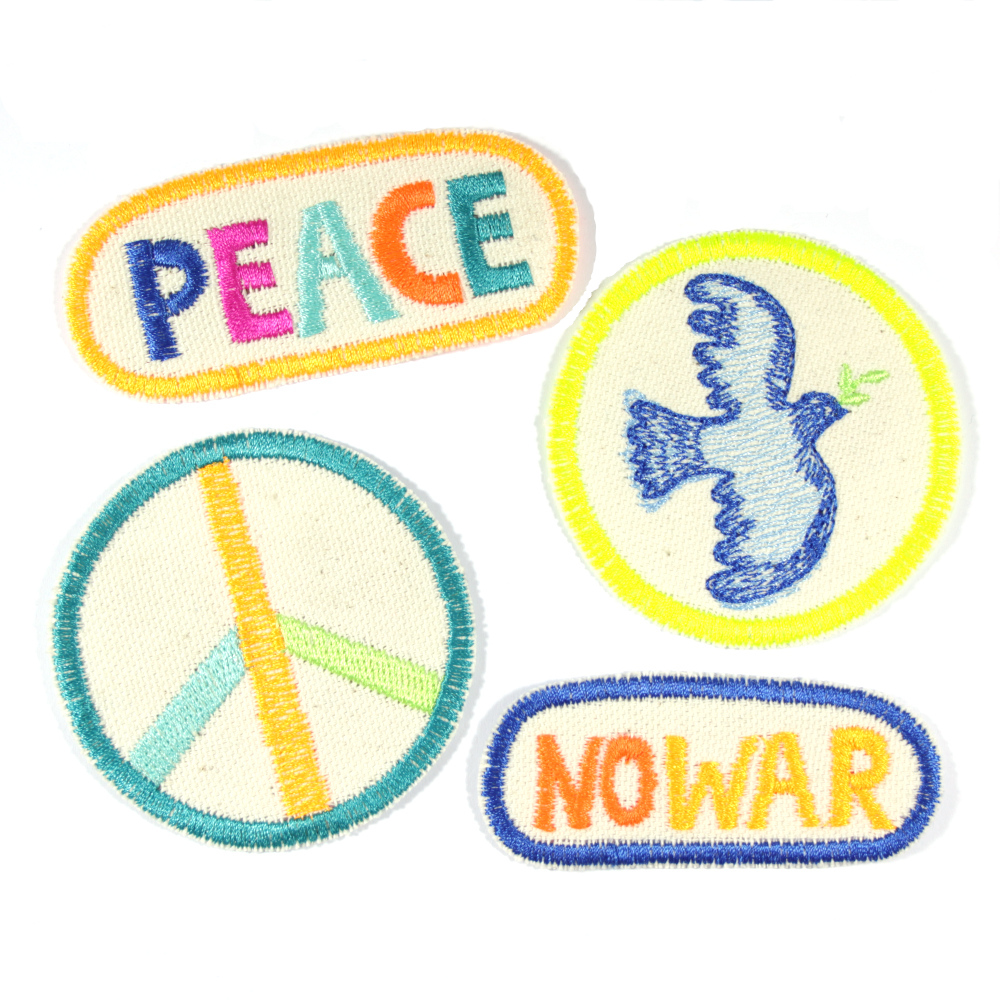 Patches "Peace" & "Frieden" & "Taube" & "no war" 4 Bügelbilder im Set