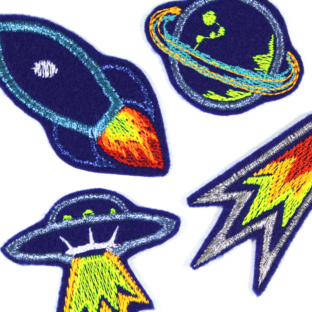 Weltraum Set metallic glitzer Patches Rakete Planet Ufo Komet kleine glitzer neon Bügelbilder 4 mini Flicken für Erwachsene