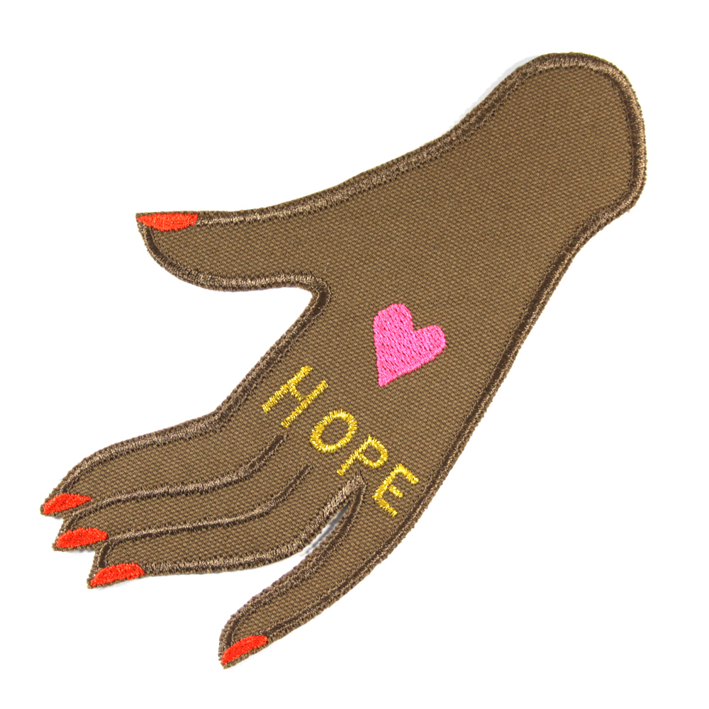 Patch hand "HOPE" large iron-on image gold and neon pink embroidered on brown organic canvas for adults