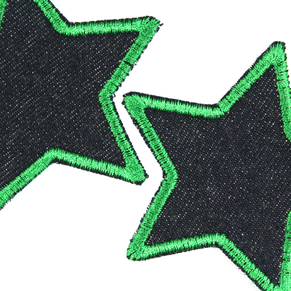 Flicken grün eingefasste Sterne auf Bio Jeans in blau 2 Hosenflicken zum Aufbügeln kleine Stern Bügelflicken im Set 7cm