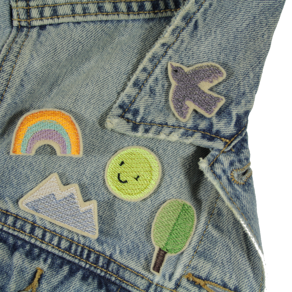 Iron-on patches rainbow, tree, sun, bird and mountains in a set of 5 small glitter patches