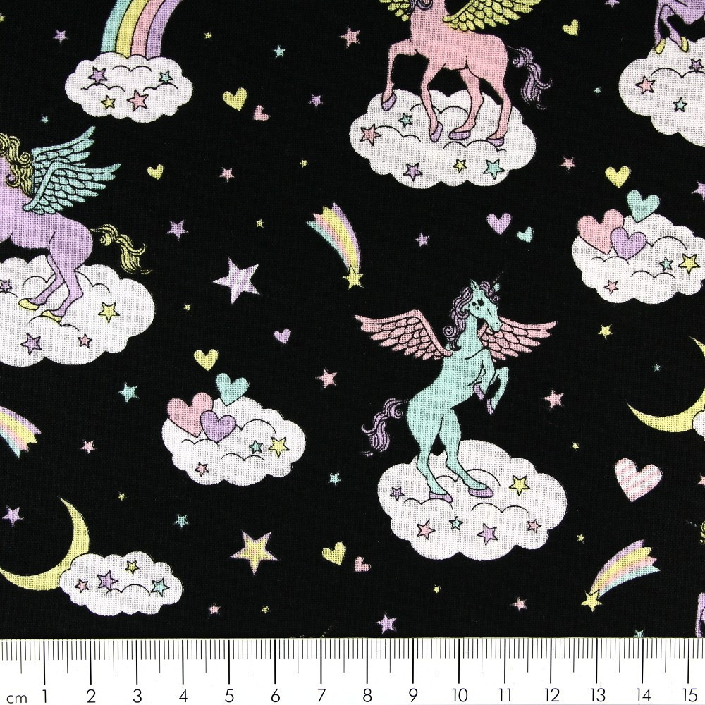 Stoffe mit kawaii Einhorn Baumwollstoff schwarz patchworkstoff zum quilten cosmo fabrics Pegasus auf Wolken Sternschnuppe Pferd