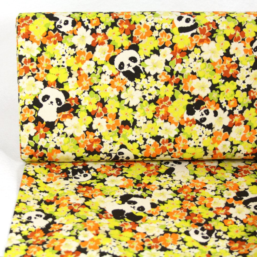 cosmo Stoffe Blumen gelb orange und Pandas Baumwollstoff Canvas feste Qualität