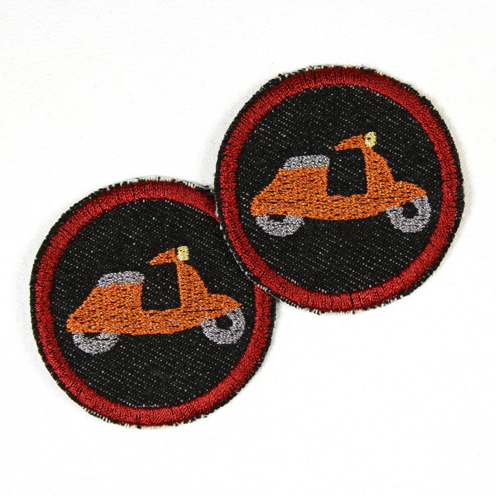 Bügelbilder patches Roller orange auf Jeans schwarz 5cm im Set