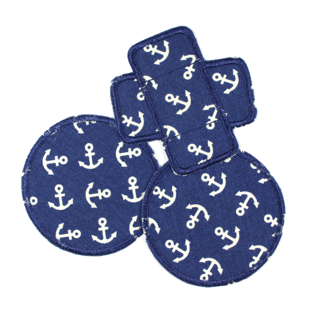 Iron-on patches white anchors 3 patches - 2 round trouser patches 1 plaster iron-on patch dark blue knee patches