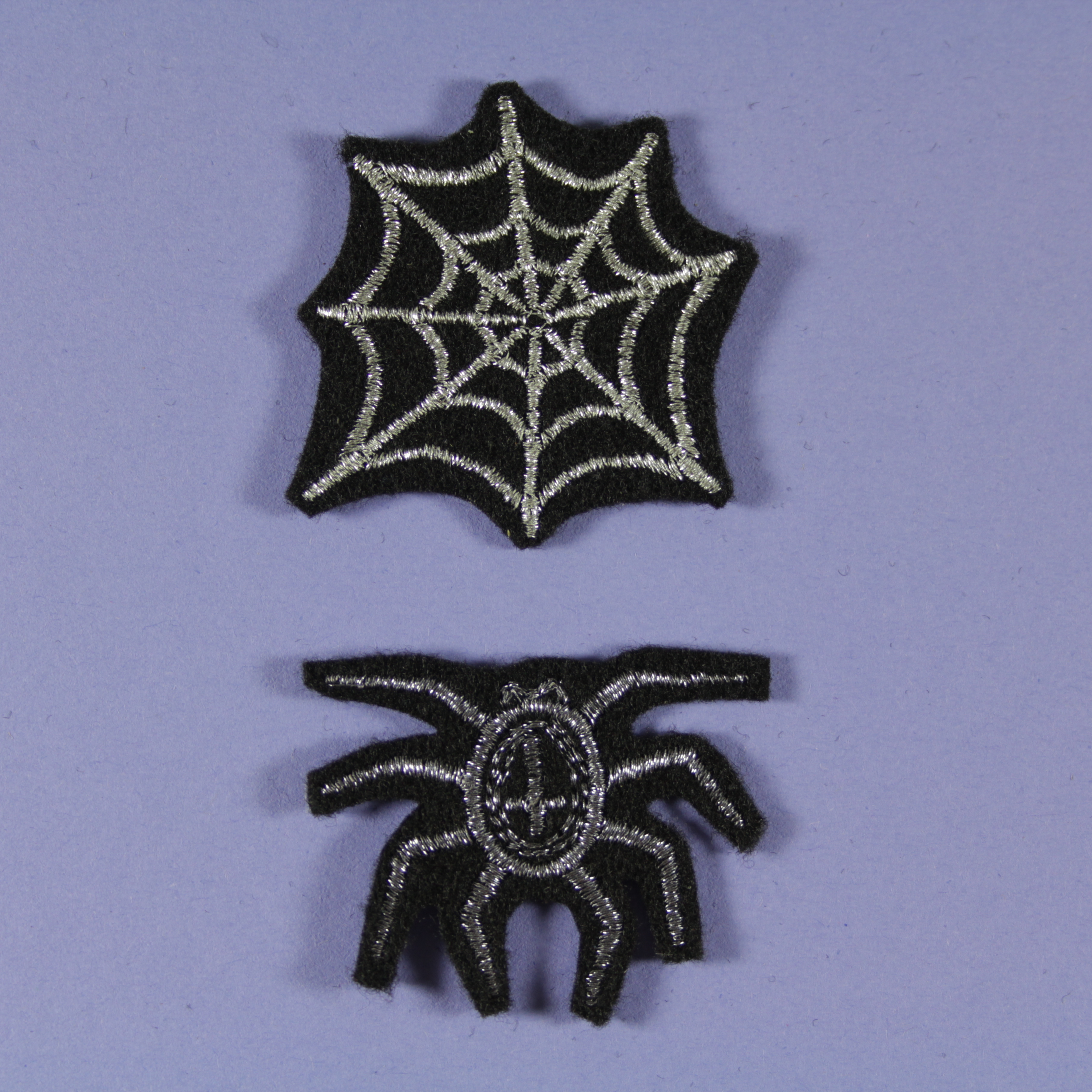 Spider & spider web iron-on images glitter set two mini silver iron-ons spider
