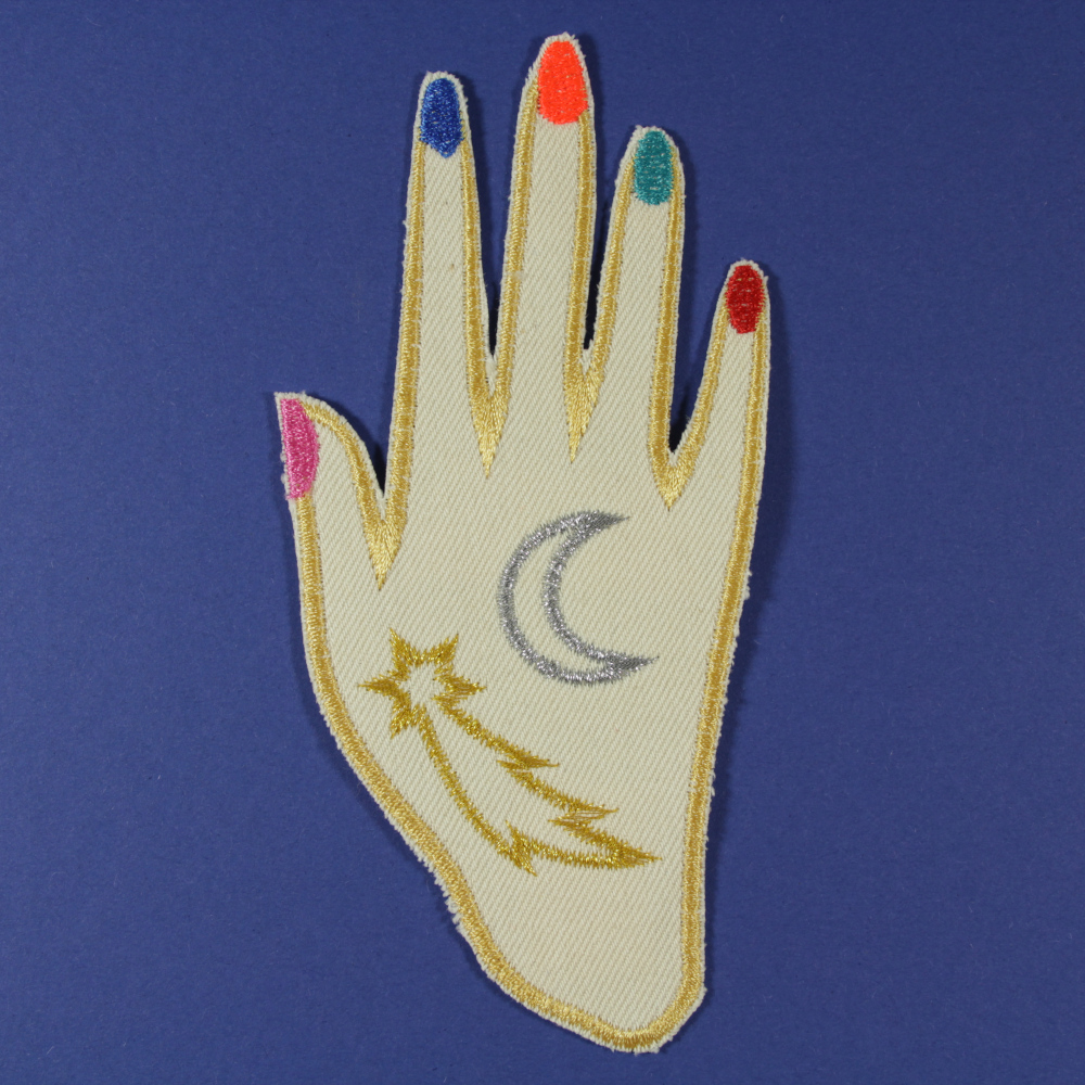 Patch hand gold with shooting star and moon iron-on image on organic canvas for adults