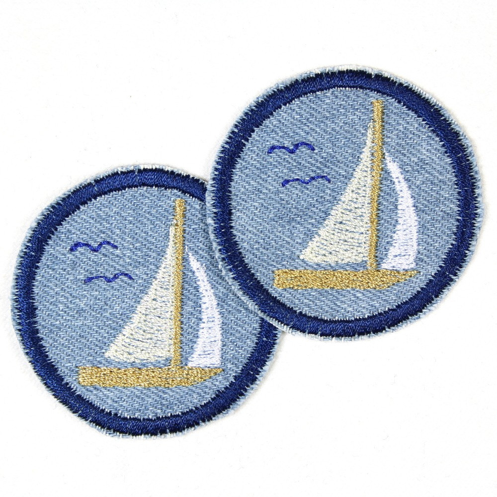 patches Jeans hellblau Segelboot 5 cm ø Set zum aufbügeln als Accessoires und Schiffe Bügelflicken geeigneter Knieflicken