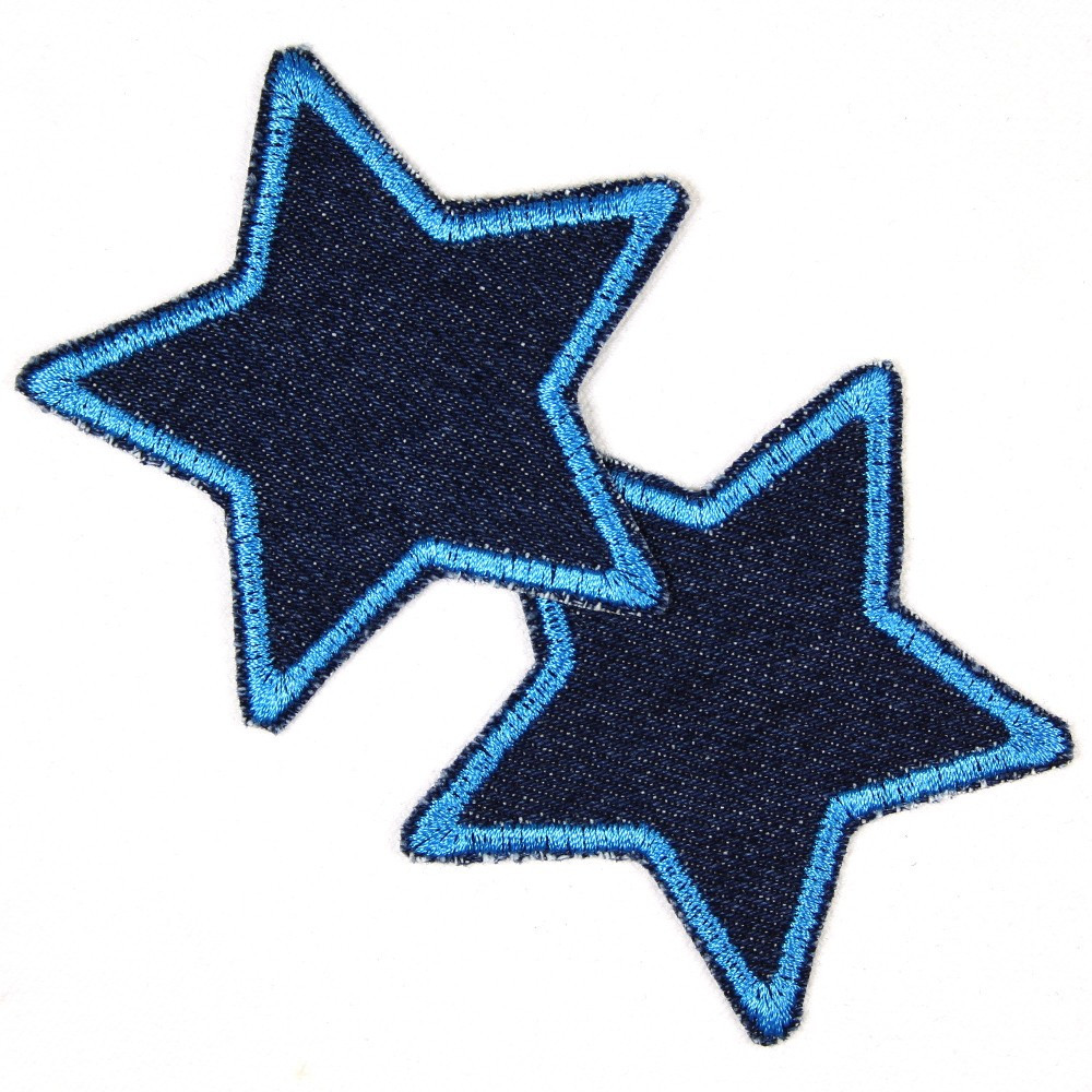 Flicken zum aufbügeln Set Sterne 2 Stück auf blue Jeans blau gefasst 7cm Aufbügler