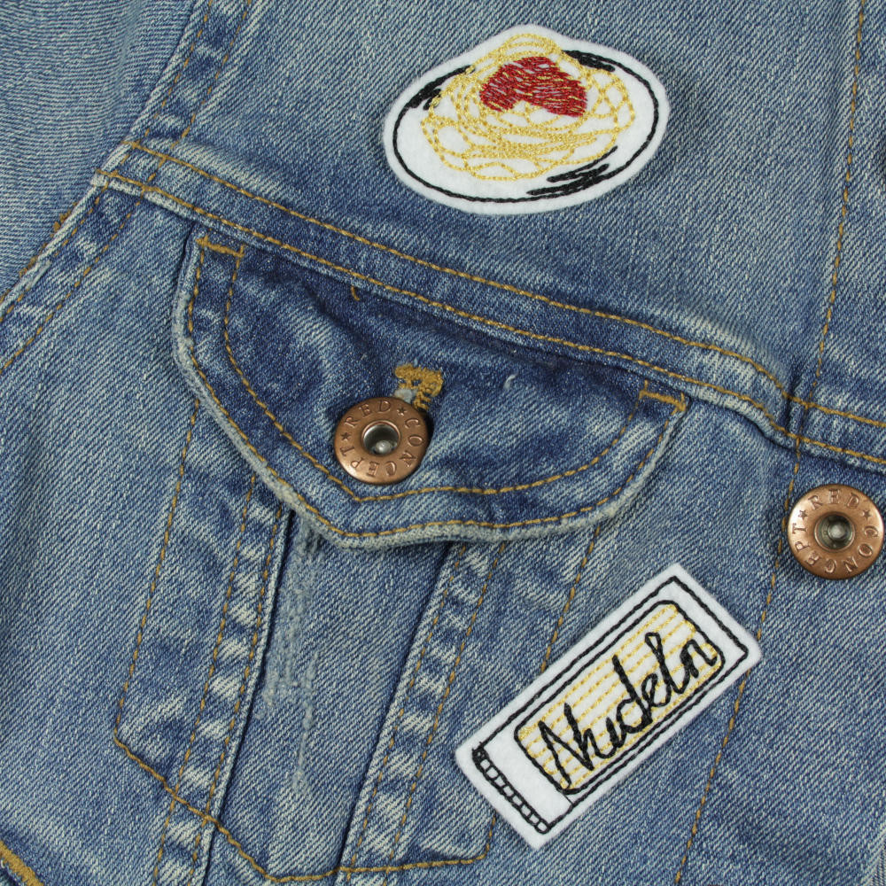 Nudel patches auf Jeansjacke Bügelbilder für Erwachsene individuelle Jacke mit Flicken zum aufbügeln