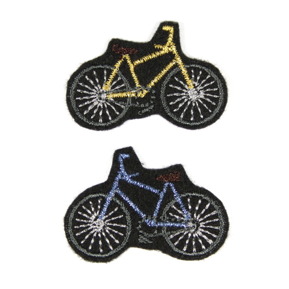 Fahrräder in gold und blau als Mini Bügelflicken mit Metallic Glitzer Garn