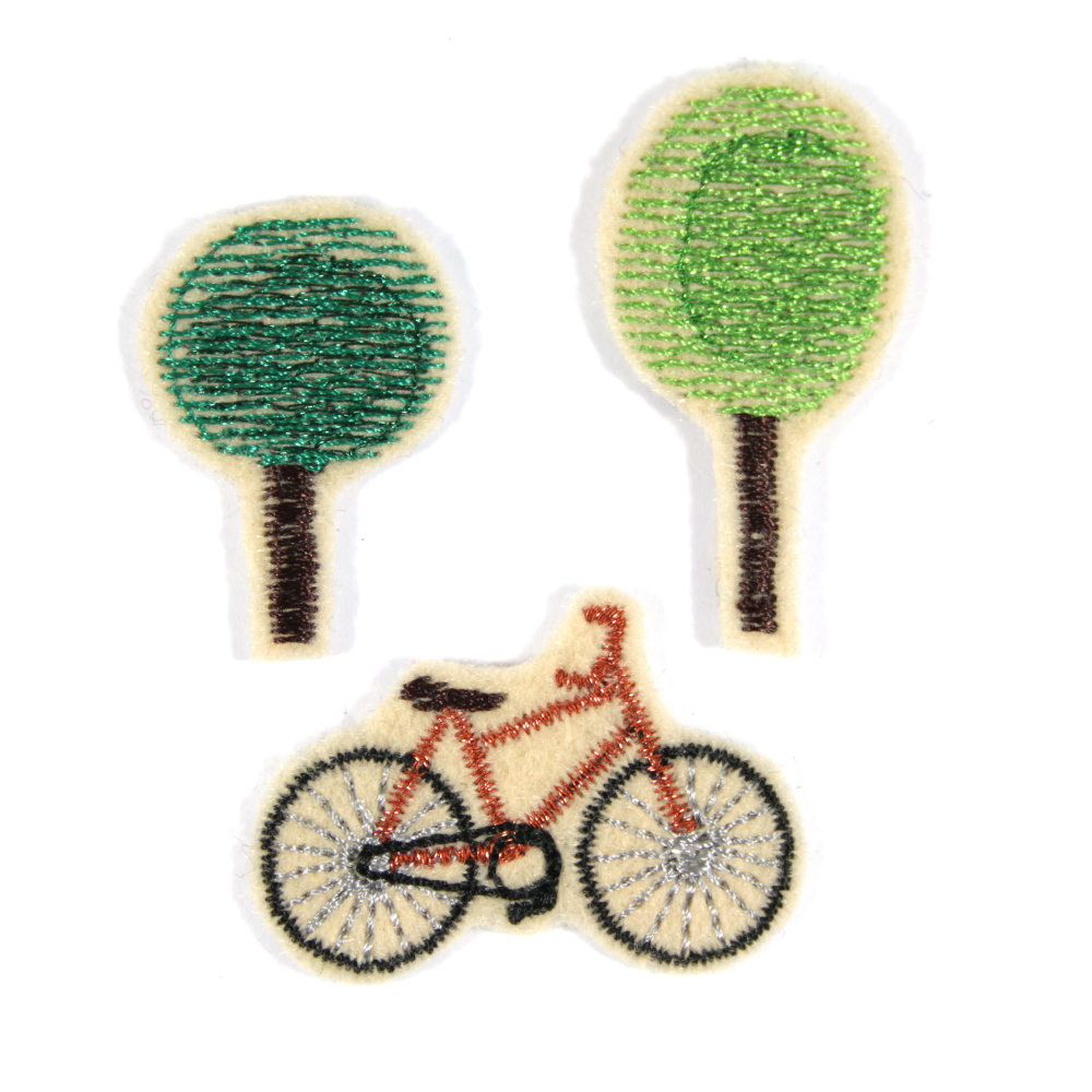 Flicken Fahrrad und Bäume 3 Bügelbilder im Set Metallic Glitzer Applikationen