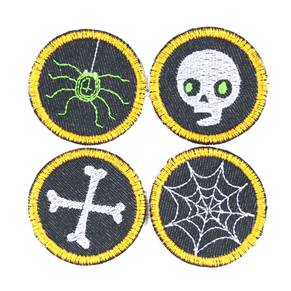 Flicken Set Halloween Aufnäher Spinne Spinnennetz Knochen Totenkopf Bügelbilder Skull neon Bügelflicken kleine Hosenflicken