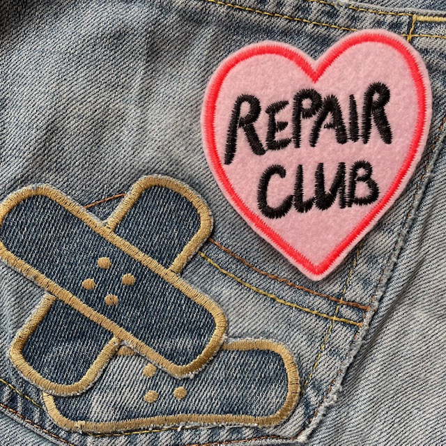 Iron-on image heart "Repair Club" patch in pink with black lettering iron-on patches for adults