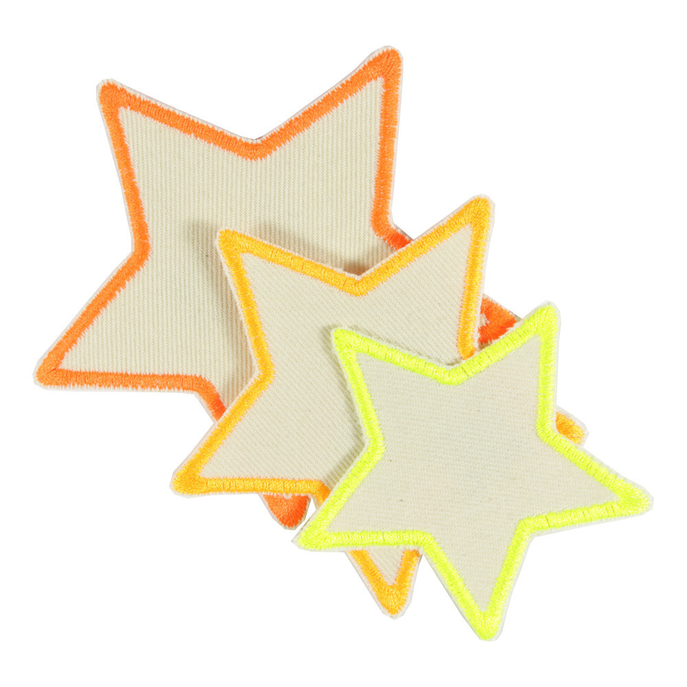 Flicken Sterne 3 Aufbügler neon auf Bio Baumwolle Bügelbilder als Bügelflicken
