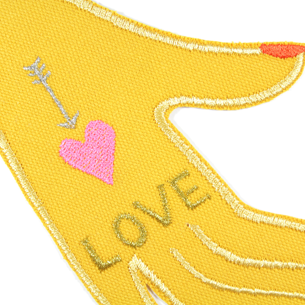 Patch Hand "LOVE" großes Bügelbild gold, silber und neon pink auf gelbem Bio Canvas für Erwachsene