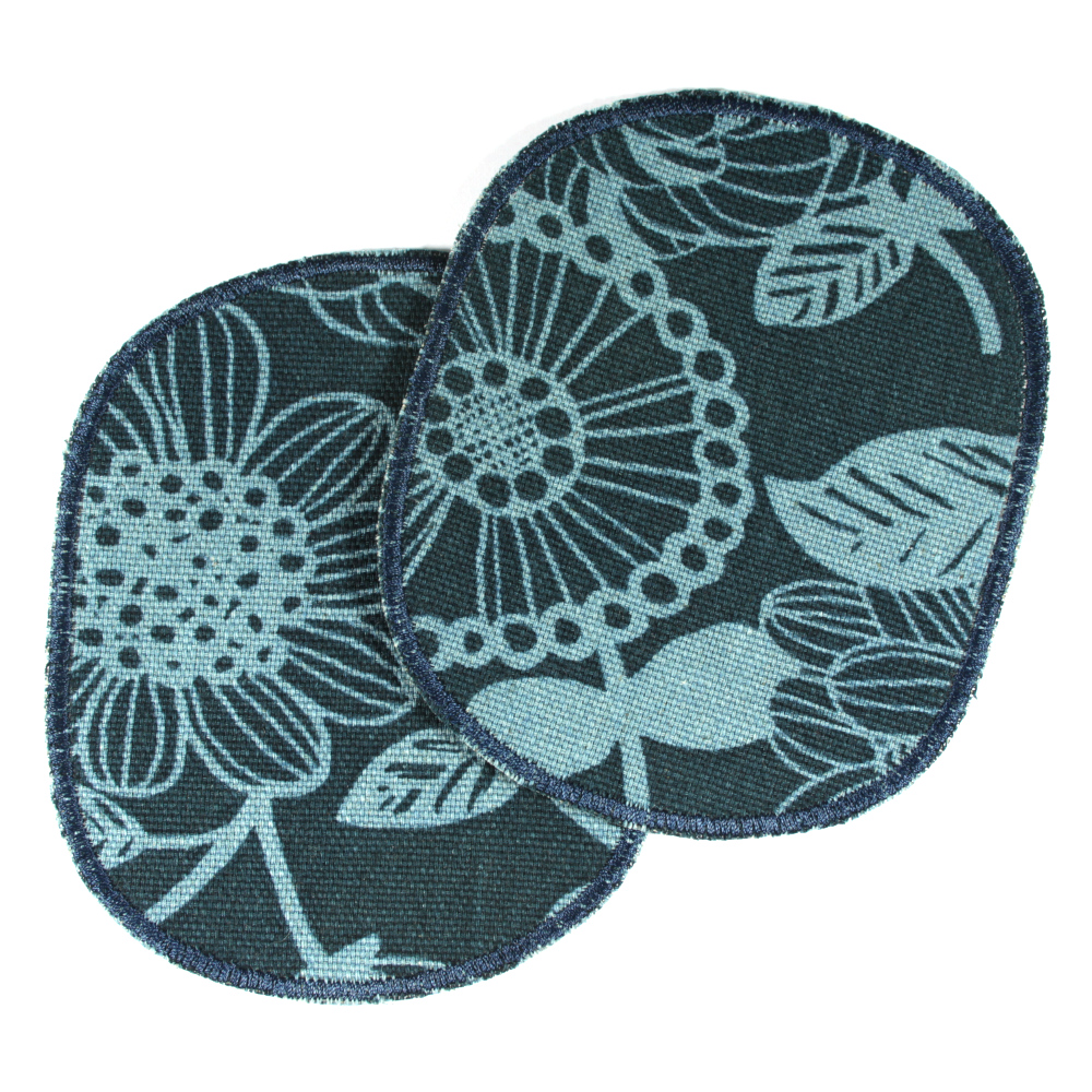 Trouser patches flowers light blue on dark blue 2 knee patches for children iron-on patches nature 12 x 10 cm