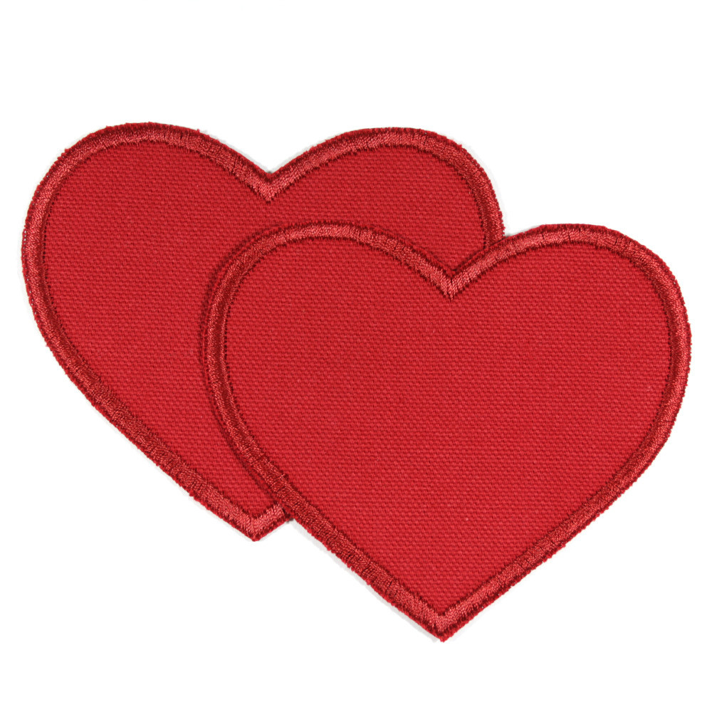 2 Bügelflicken Herzen in rot aus Bio Canvas mit rot gesticktem Rand