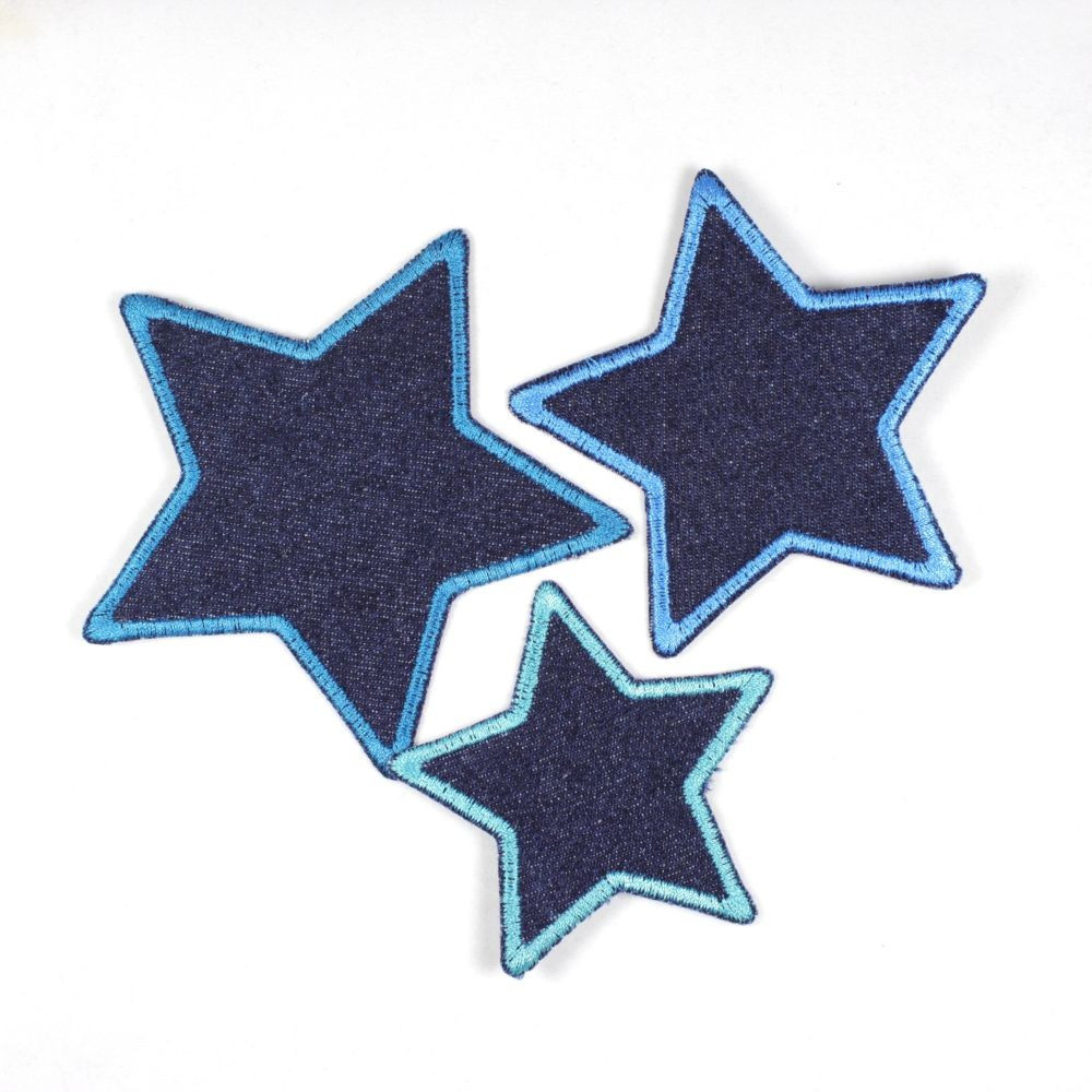 Set mit drei Bügelflicken dunkelblaue Jeans in Sternform blau umrandet, 7 cm, 8cm und 10 cm, geeignet als Knieflicken
