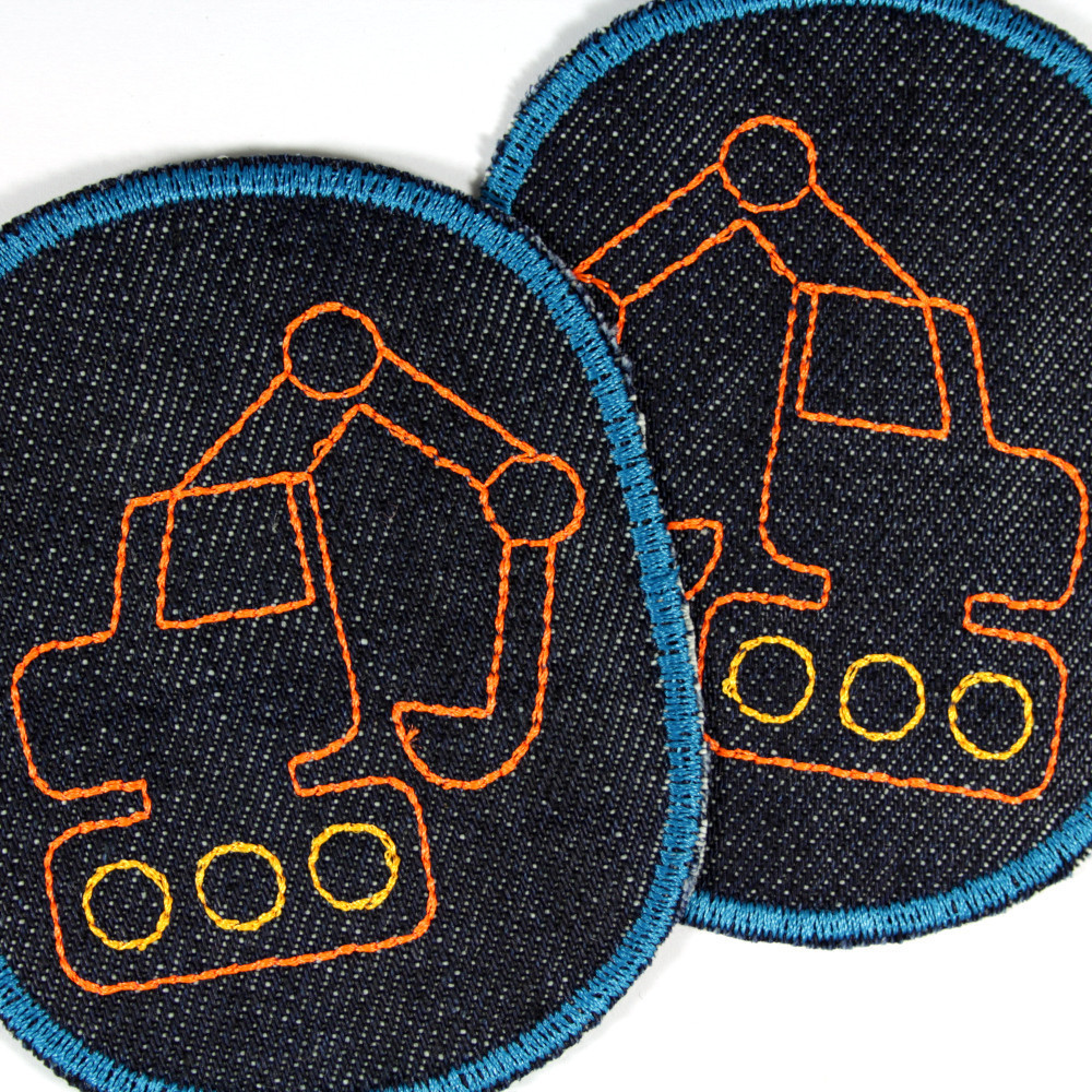 Bügelflicken Bagger orange gestickt auf Jeans 2 Knieflicken in 10 x 8cm ovale Form für Kinder