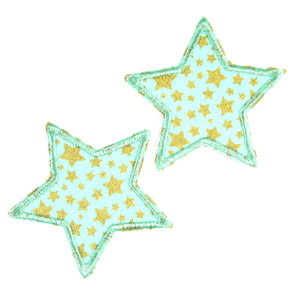 2 mintfarbene kleine Aufbügler Sterne Bügelbilder mit goldenen Sternchen