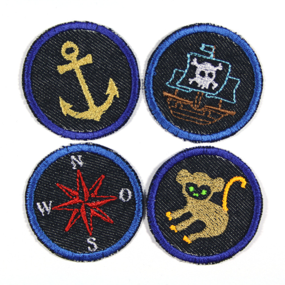 4 kleine runde Jeans Bügelflicken Affe Schiff Anker Kompass maritime Motive für Kinder