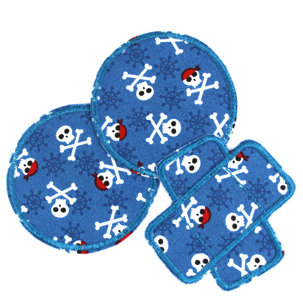Hosenflicken Piraten Set blau 3 Knieflicken im Skull Set 2 runde Bügelflicken und 1 Pflaster mit Seeräuber Motiv Knochen