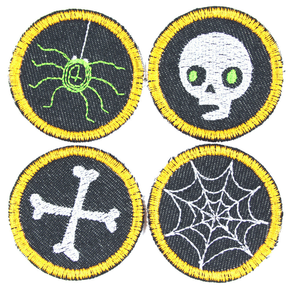 Flicken Set Halloween Aufnäher Spinne Spinnennetz Knochen Totenkopf Bügelbilder Skull neon Bügelflicken kleine Hosenflicken