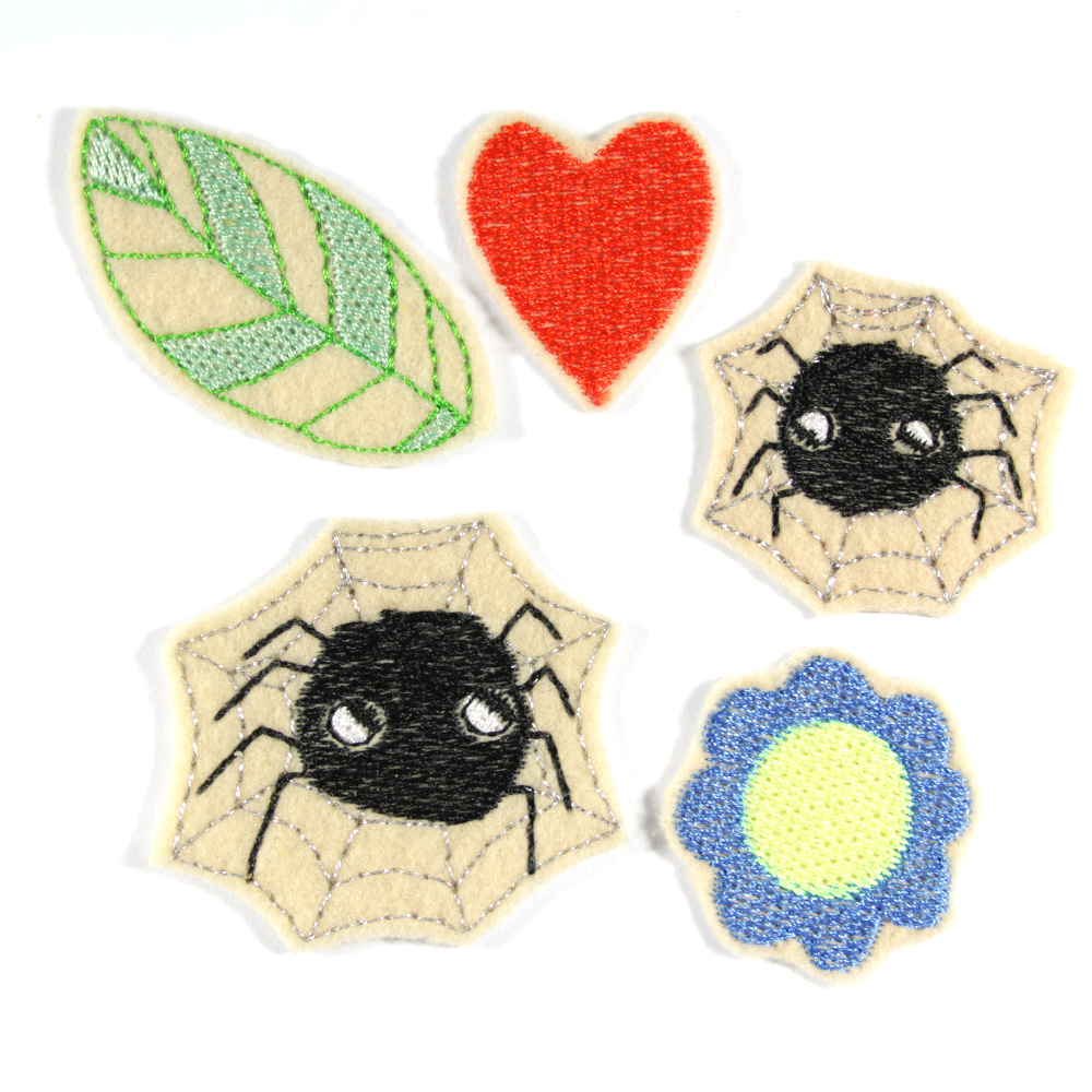 Set patches leaf, spider and flower small iron-on images with glitter and recycled yarn 5 mini patches for children