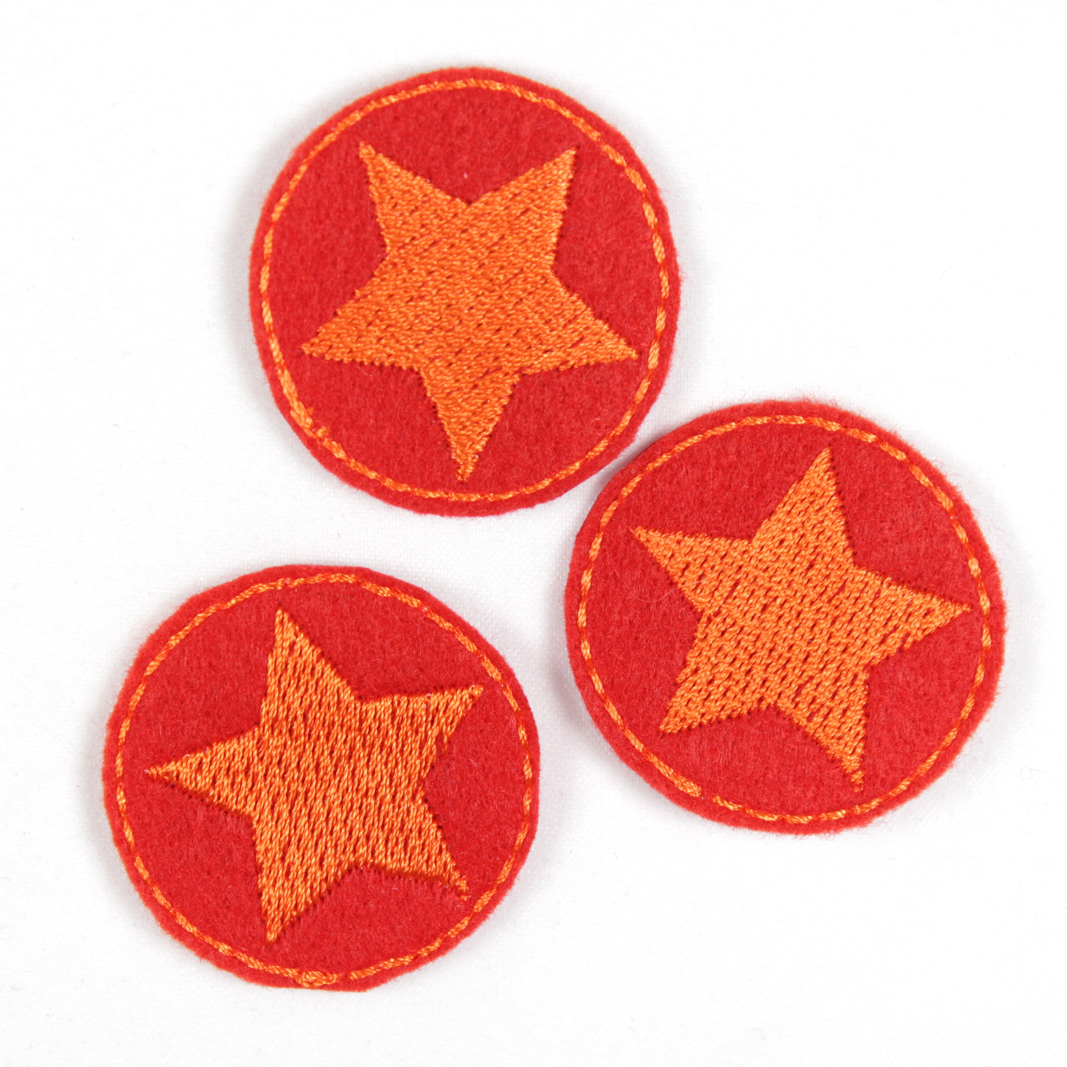 3 Bügelflicken rund Aufbügler klein rund Flicken zum aufbügeln rot mit Stern orange