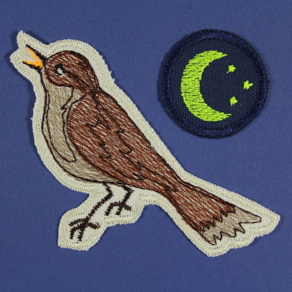 Iron-on images bird nightingale and moon with stars set with two patches as an accessory