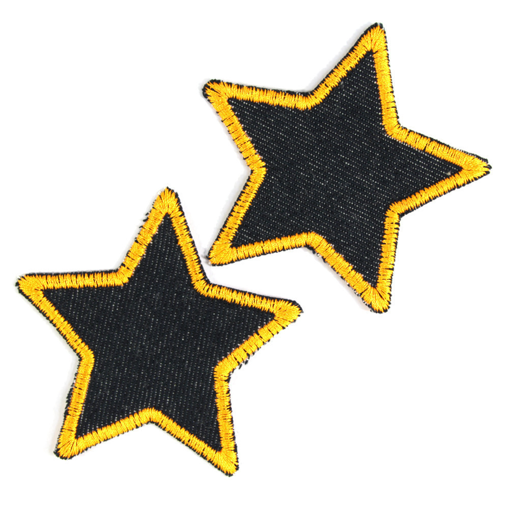 Bügelflicken Set Sterne 2 Flicken Bio blue Jeans Neon orange hell gefasst 7cm Hosenflicken Aufnäher